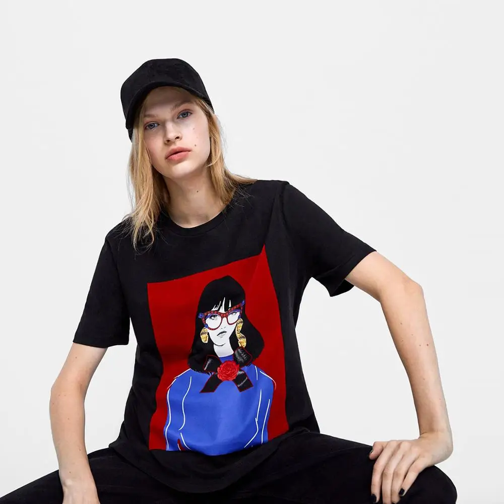 

Cartoon Character Printed Cotton women T-shirt Short Sleeve Patchwork Tops 2019 new minimalist High Quality punk black chothing