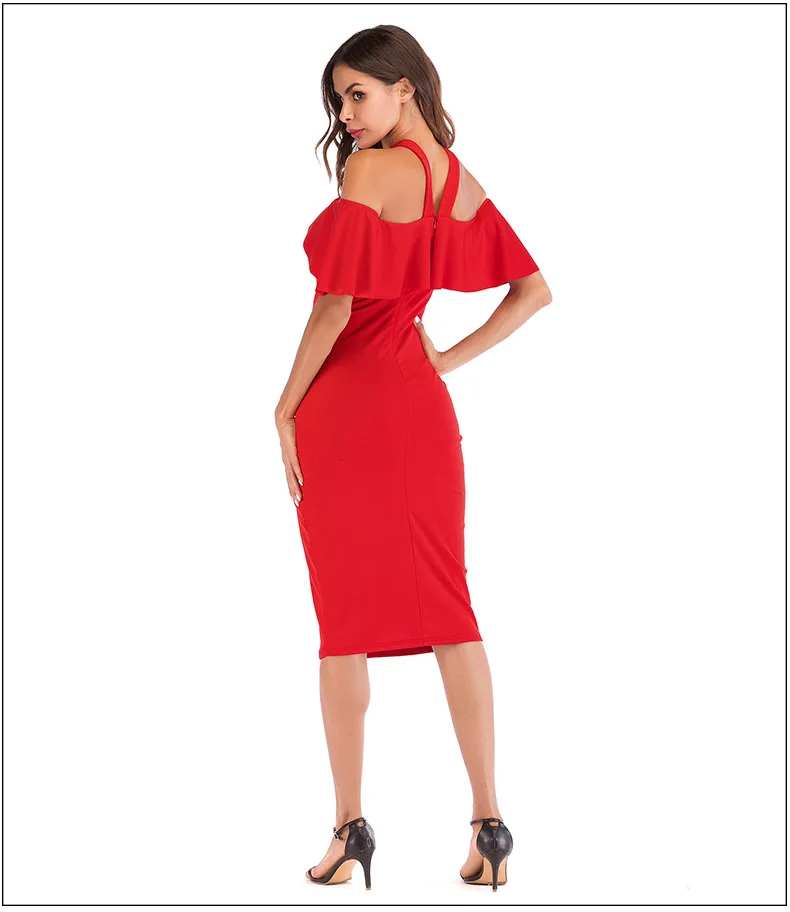 Осенне-летнее женское платье, сексуальное повседневное красное платье с рюшами, вечернее платье с бретельками, женское винтажное Формальное облегающее платье-карандаш, Vestidos
