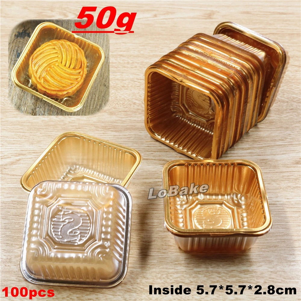 

(100pcs/pack) Disposable plastic golden square mooncake holder moon cake box placemat Egg-Yolk Puff package for 50g mooncake