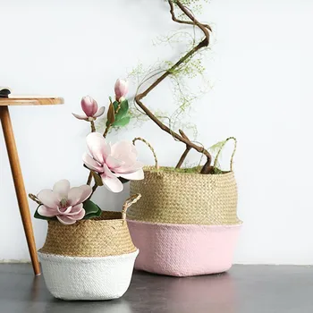 

Household Storage Foldable Natural Seagrass Woven Storage Basket Pot Garden Flower Vase Hanging Wicker Basket Bellied Baskets
