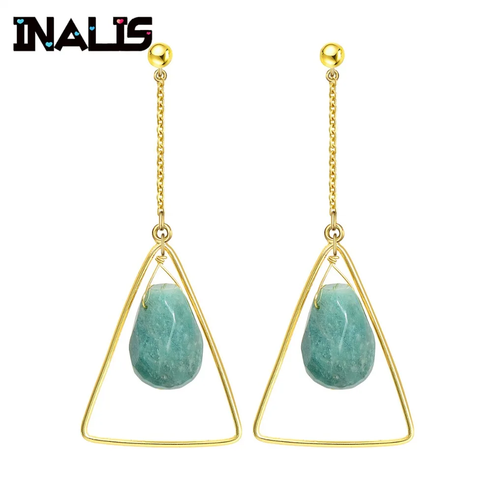 

INALIS New Luxurious Big Drop Earrings 925 Sterling Silver Triangle Shape Dangle with Green Yellow Natural Stone Brincos Jewelry