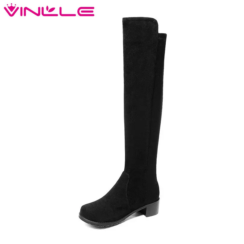 

VINLLE 2019 Autumn/Winter Shoes Woman Knee High Boots Square Med Heel Square Toe Flock Elegant Ladies Casual Boots Size 34-43