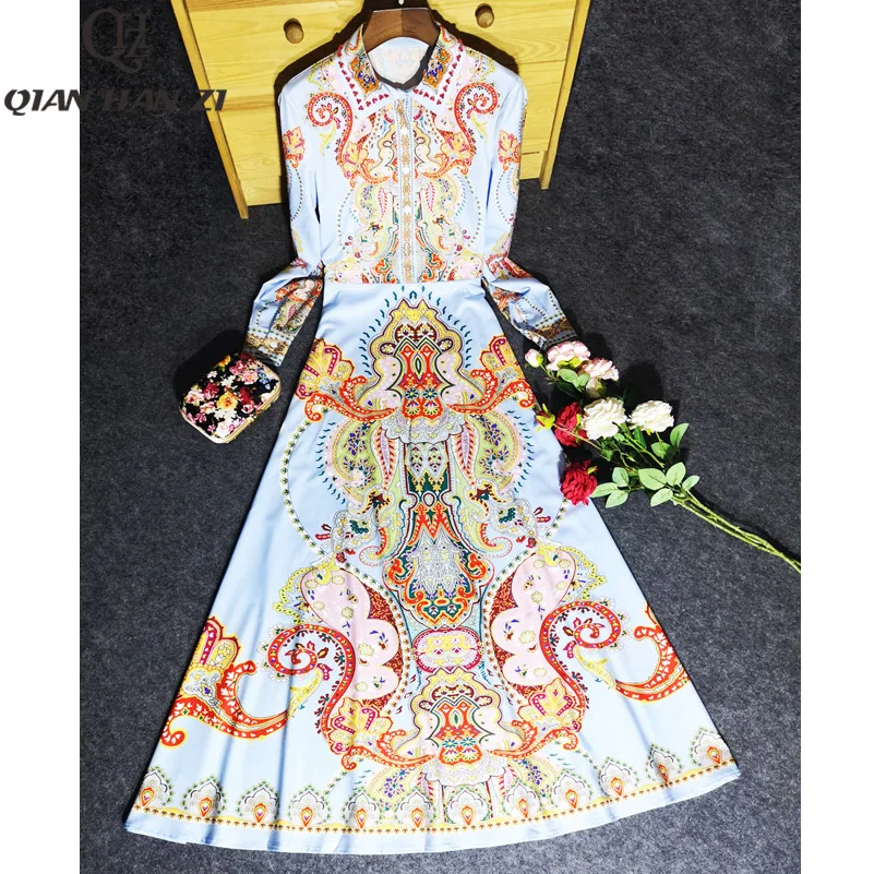 

ian Han Zi 2019 Fashion Designer Autumn maxi Dress Women's Long Sleeve Beaded Elegant Pattern Print Slim long Beach Dress