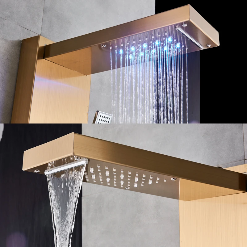 Золотая душевая панель светодиодный светильник для ванной комнаты душевая колонна башня цифровой экран водопад Дождь душ смесители вращающиеся массажные струи