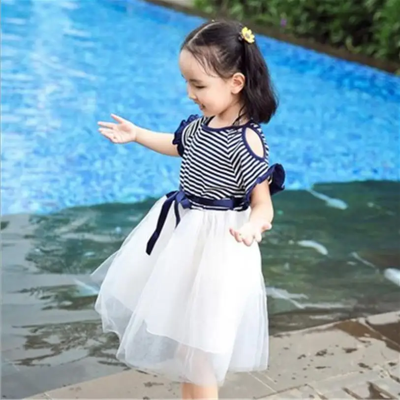

Toddler striped patchwork mesh dress 2019 summer new off shoulder princess dress children clothes good quality dress 2-8Y WS725