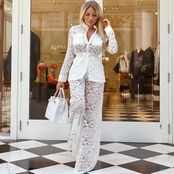 

Women Lace Two Pieces Sets 2018 Autumn High Stree Elegant Lace Coat And Wide Pants Sets Sexy Nightclub 2 Piece Set Women
