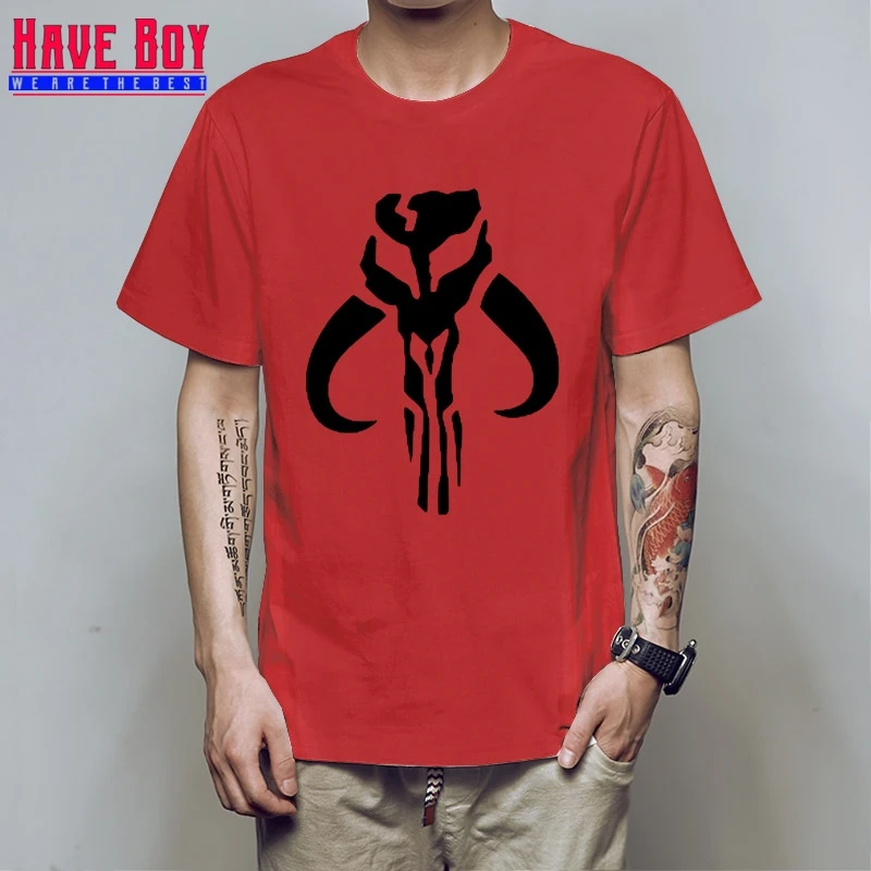 Модные рубашки короткий мандалорский череп Boba Fett Мужская футболка с круглым вырезом HB07 - Color: red black