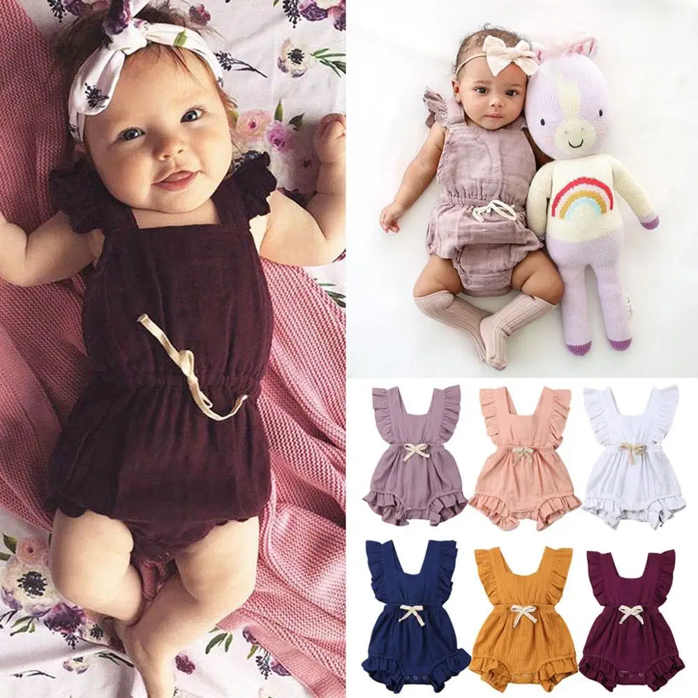 

Newborn Infant Baby Girls Color Solid Ruffles Backcross Romper Outfits Summer Cotton 6 Color