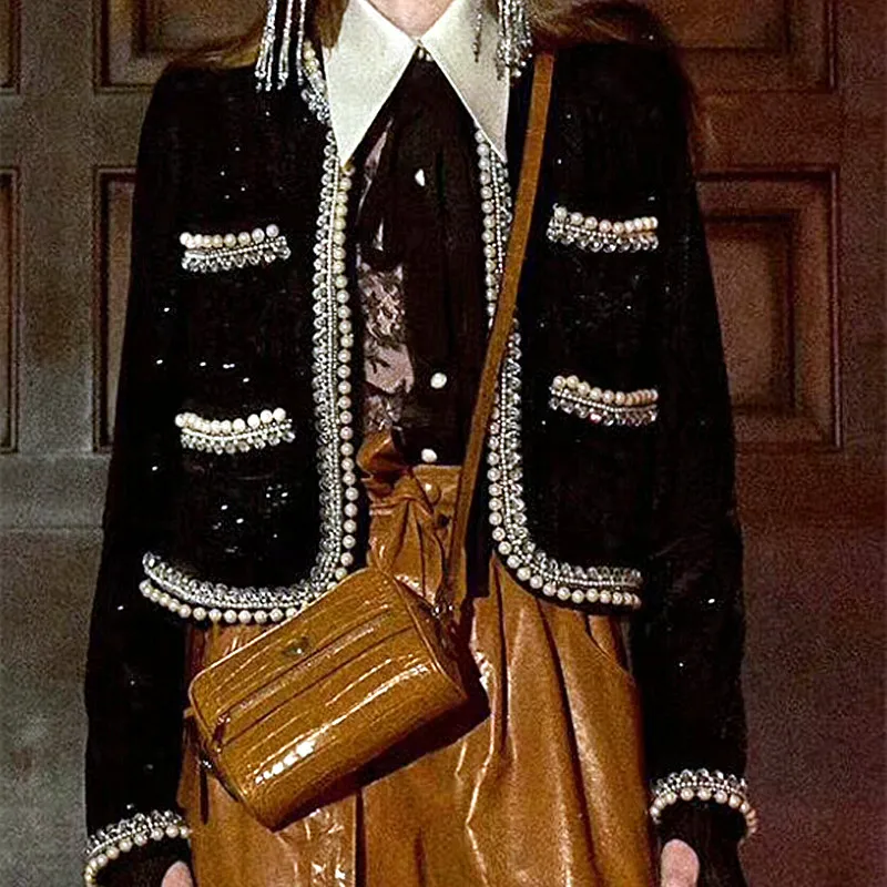 

Diamond Beaded Spring Autumn Party Coat Women Jacket Runway Mujer Sparkle Sequin Luxury Bomber Short Black Jacket Feminino NS96