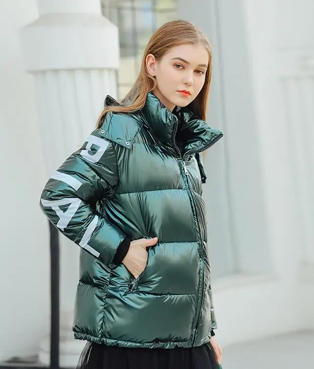 Winter Parka Women's Glossy Hooded Down Cotton Jacket Thick Bright Green Blue Shiny Jackets Letter Printed Loose Parker Coat - Цвет: Зеленый