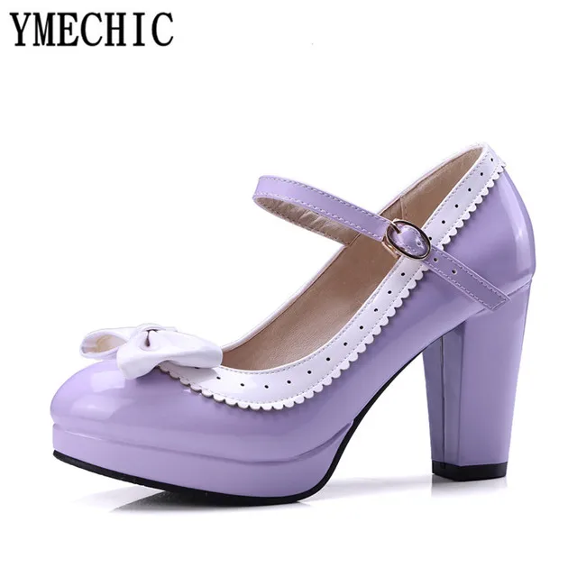 YMECHIC/Коллекция года; женские вечерние туфли в стиле Лолиты на высоком каблуке с бантом-бабочкой; Цвет фиолетовый, розовый; женские туфли-лодочки на платформе и каблуке; сезон лето; большие размеры - Цвет: Фиолетовый