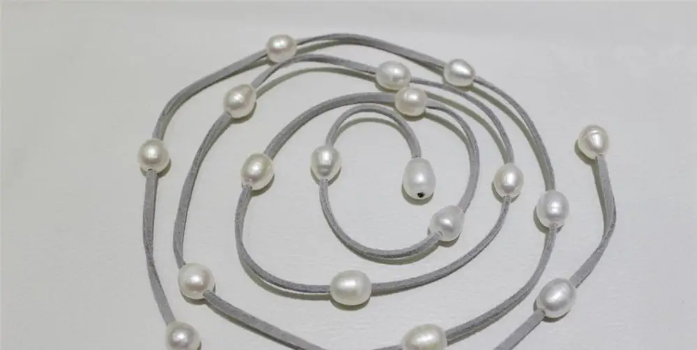 

FREE SHIPPING>>>@@ > Light Gray Leather necklace white Freshwater pearl 48" 10x12mm"handmade"No metal a(5.18)