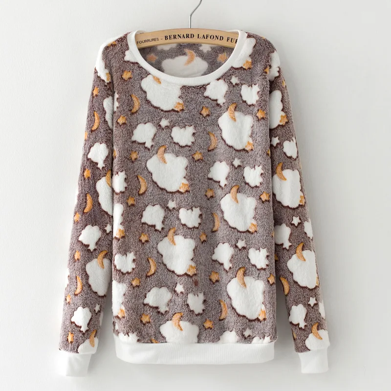 

Novelty gray star moon Cloud Print Harajuku Sweatshirts Women 2017 Winter Warm Flannel Sweatshirts Cashmere Knitted Hoodies