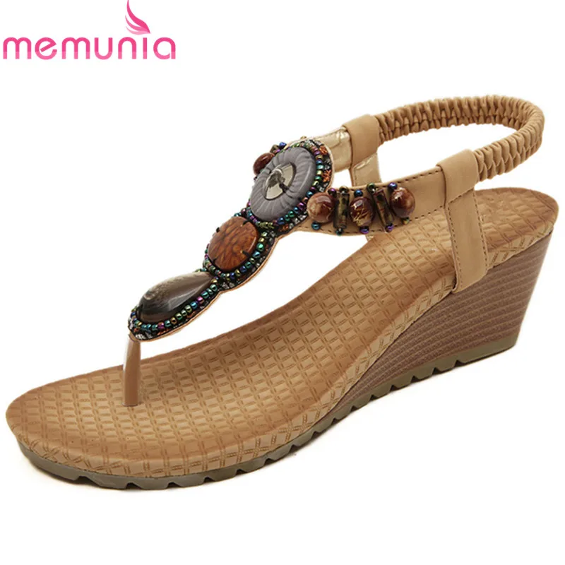 

MEMUNIA 2018 women high heels sandals fashion wedges shoes T-Strap summer shoes simple ethnic style Agate beads Bohemia