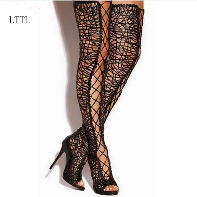 Sexy Black Lace Over The Knee Boots Women Peep Toe Lace Up High Heel