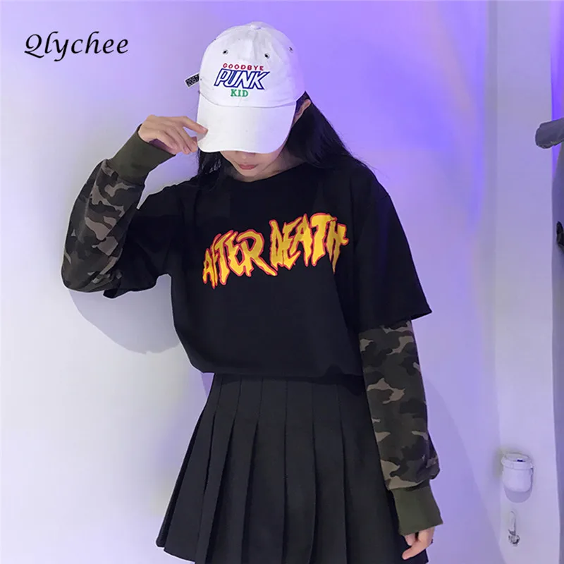 Qlychee Camouflage Patchwork Long Sleeve Women Sweatshirt Casual Streetwear Letter Print Punk Style Hoodies Female Sweatshirts Hoodies