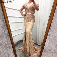 Gold Lace Off Shoulder Sexy Prom Dresses Crystal Pearls Sleeveless Prom Party Gown Real Photo BLA60714