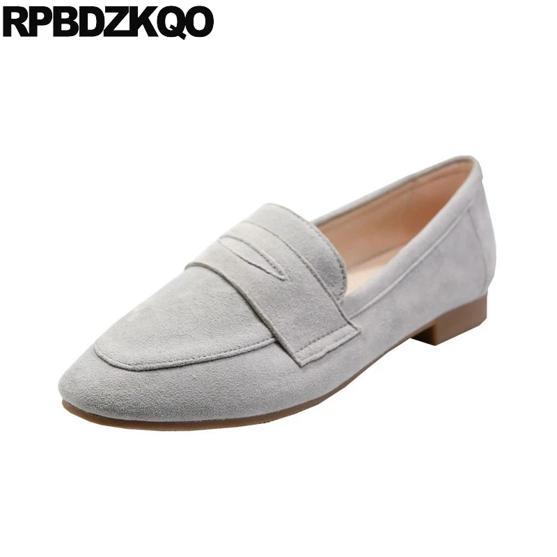 

women grey round toe slip on designer shoes china rubber sole flats genuine leather loafers ladies handmade chinese gray suede