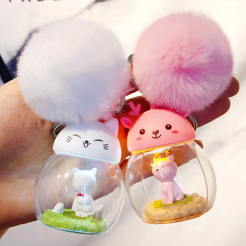 

Cartoon Rabbit Fur Pom Pom Animal Transparent Cover LED Stitch Totoro Keychain Women Car Purse Key Chain Trinket Gift Porte Clef