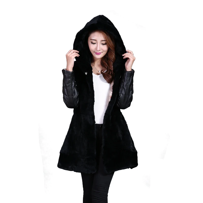 Manteaux 3xl 291 Manteau Veste Femmes Rex Capuche À Cuir Fourrure De Lapin Manches Réel Survêtement Hiver Mince Noir Tfm Avec Véritable En ncTqURg