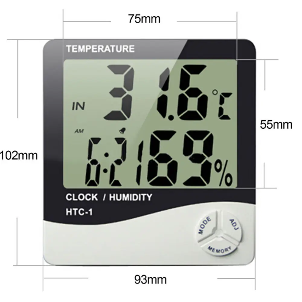 

Digital LCD Thermometer Hygrometer Electronic Temperature Humidity Meter Weather Station Indoor Outdoor Tester Clock HTC-1