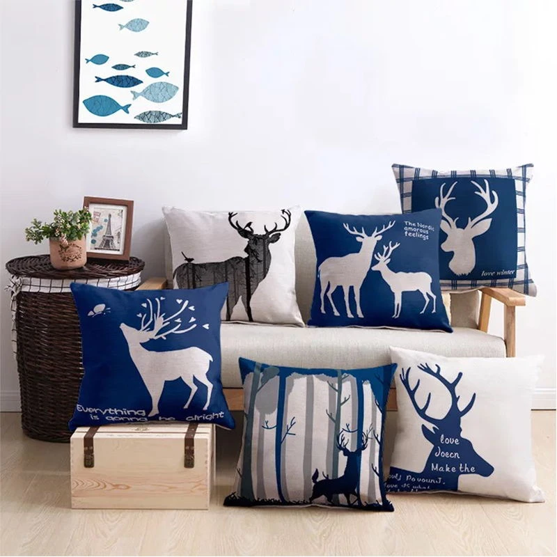 18" Home Decor Cushion Deer Cover Christmas Cotton Linen Animal Pillow Case 