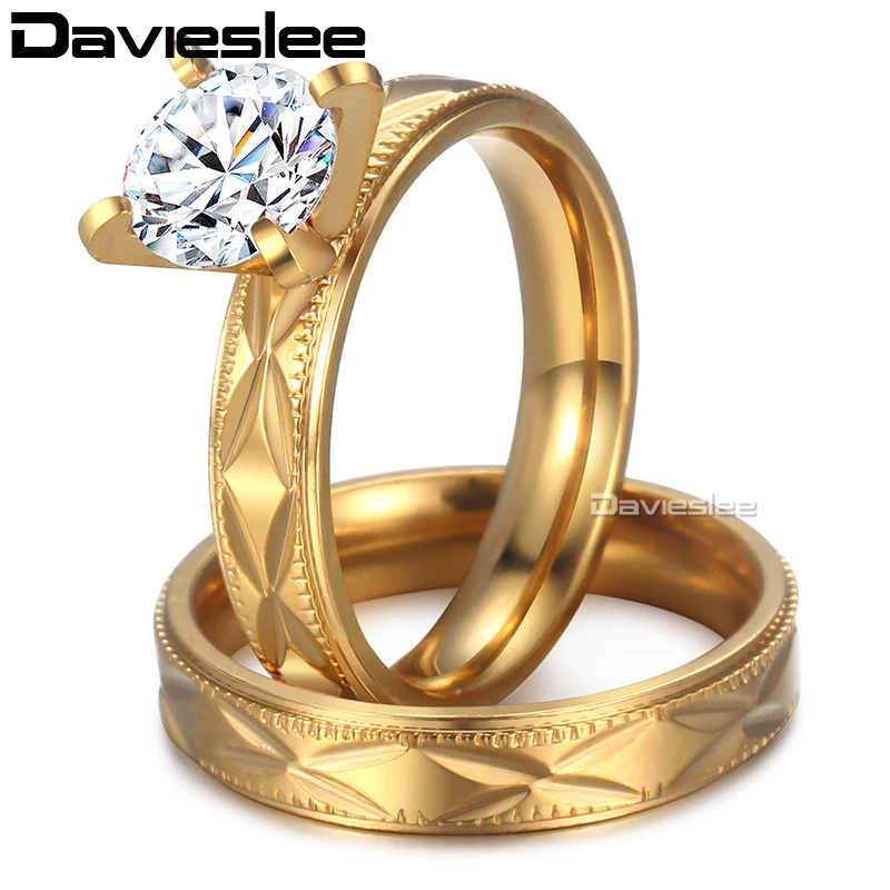 Davieslee Wedding Ring Set For Men Women Couple Promise Engagement Band CZ Stone Gold Tone Stainless Steel DKR139