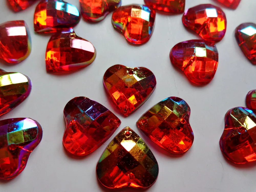 100pcs Sew on rhinestones Heart shape 14mm flatback red Acryl crystals