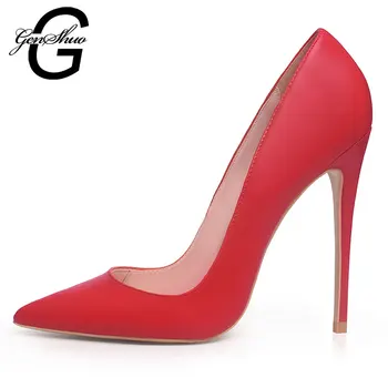 

GENSHUO White High Heels Pumps Sexy Concise Solid Black Dress Shoes Shallow Pointed Toe Wedding Shoes Plus Size 5-12 Shoes Women