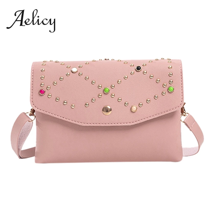 

Aelicy Candy Color Women Messenger Bag Fashion Design Color Rivet Shoulder Bags Female High Quality Leather Flap Crossbody Bags