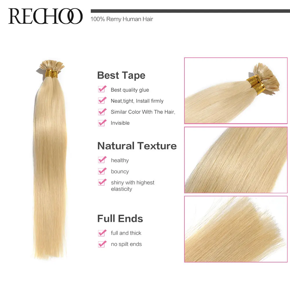 Harga Rechoo 1g strand Nail U Tip Pra berikat Keratin Lem Remy Alami Rambut Manusia Ekstensi 100 helai nyata 100% Rambut Manusia