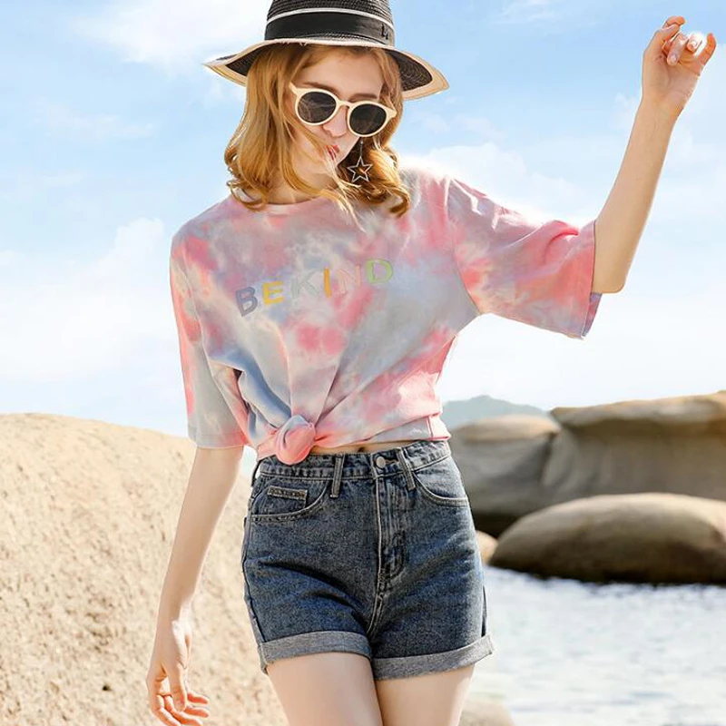 

Women Stylish Colorful T Shirt Short Sleeve Tie Dyeing Round Neck Tees Summer Casual Female Music Festival Party Tops