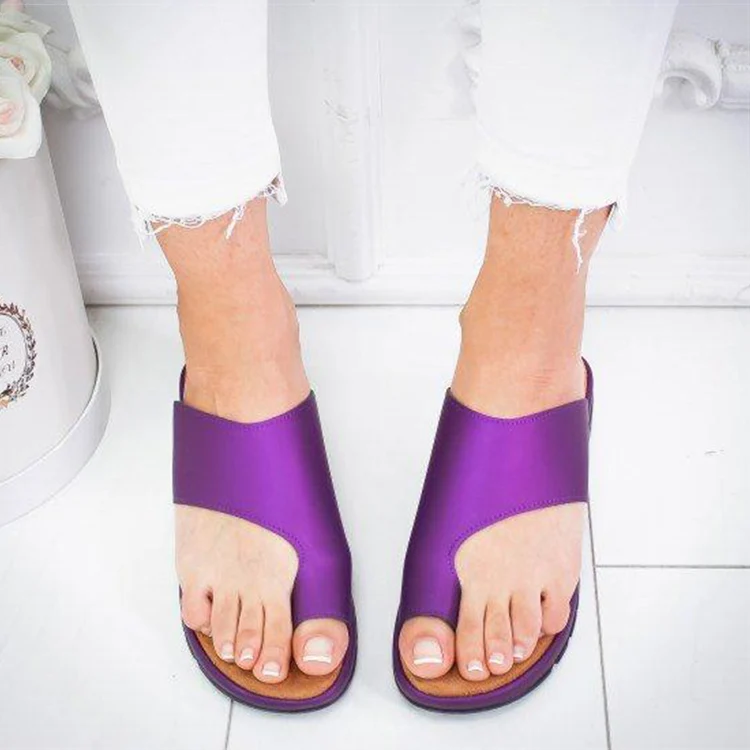Женская обувь из искусственной кожи Удобные женские повседневные мягкие сандалии на плоской платформе с большим носком ортопедический корректор - Цвет: Purple