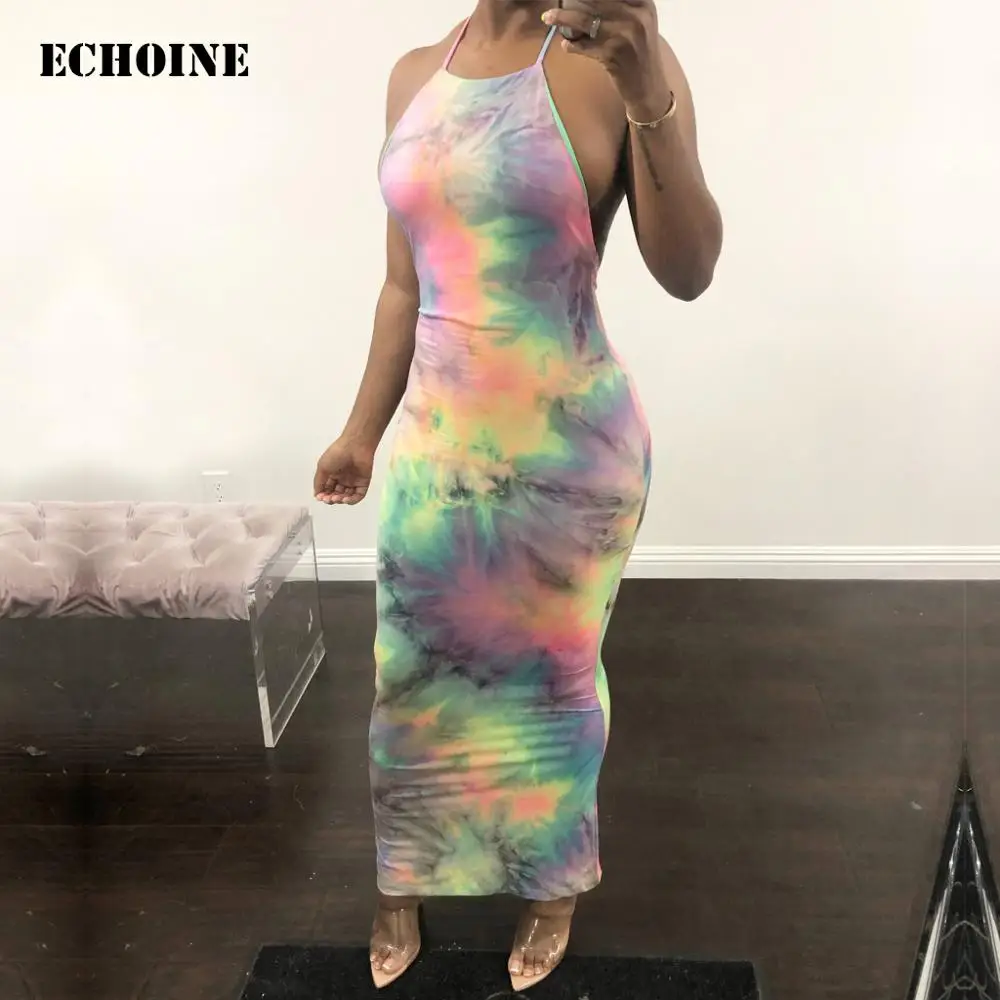 

Echoine Spaghetti Straps Tie Dye Dress Colorful Print Sexy Bodycon Evening Party Vestidos Backless Beach Vacation Dresses