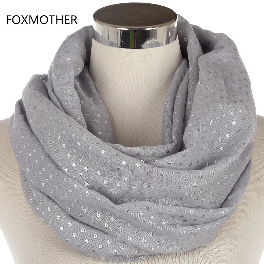 

FOXMOTHER 2018 New Fashion Grey Foil Sliver Glitter Floral Scarves Loop Ring Shawl foulard Scarfs Womens Ladies