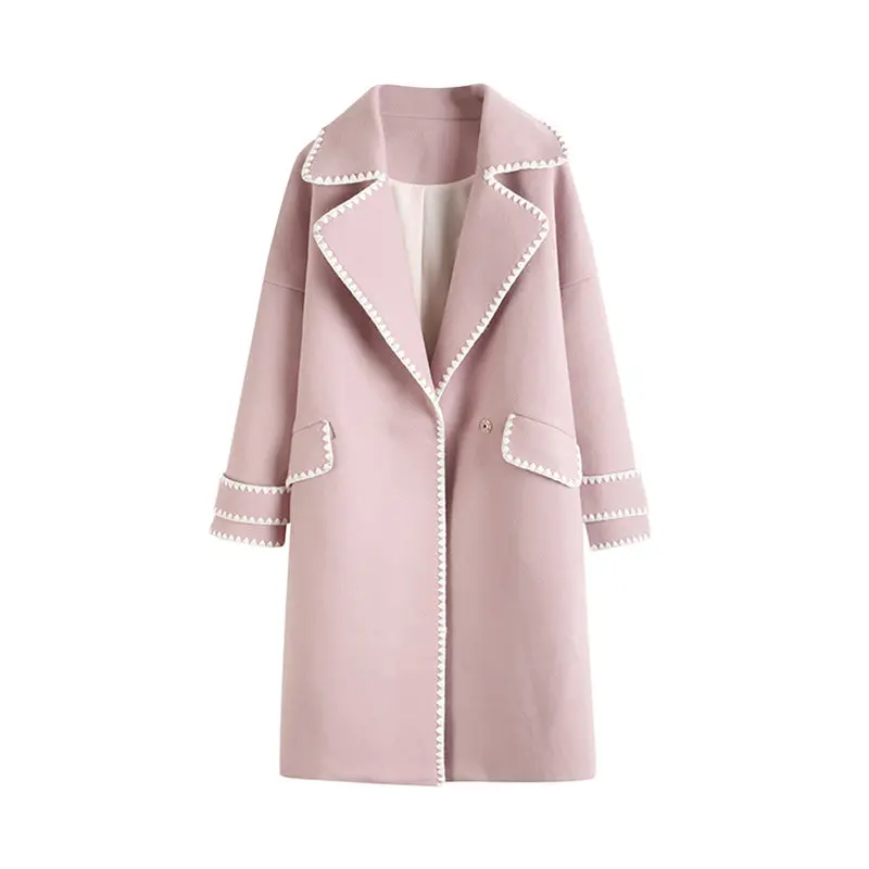 

2019 New Autumn Winter Long Woolen Coat Women Fashion High quality Dark buckle Women Pink Wool blend coat Casual Ladies Overcoat