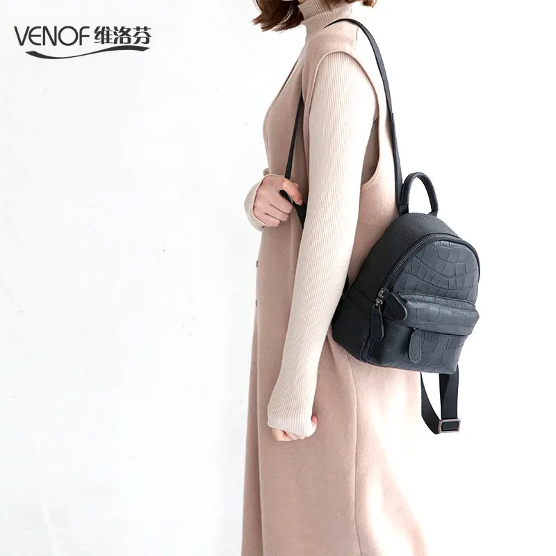 

VENOF Multifunction Genuine Leather mini Backpack for women crocodile grain Fashion Travel Bag girl Zipper small School Bags
