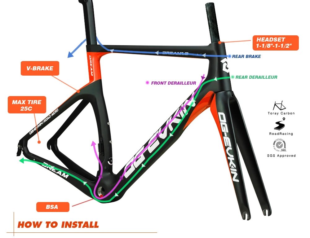 Excellent OG-EVKIN CF-024-OR Carbon Road Frame Di2&Mechanical Carbon Frame Bicycle Road Bike Frame Racing Bike Frame Fork+Seatpost+Headset 2