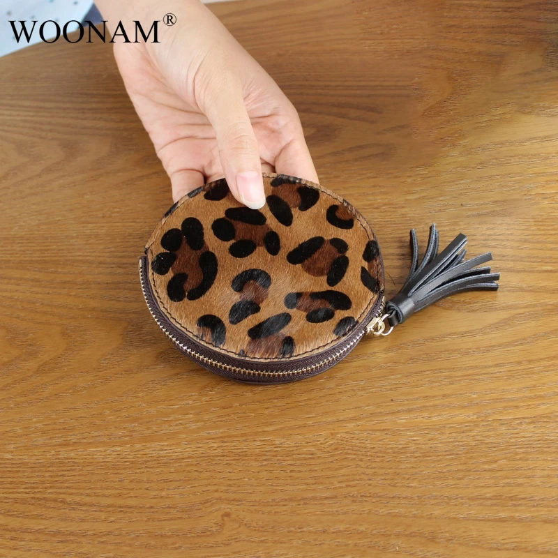 

WOONAM Women Fashion Genuine Horse Fur Leopard Print Round Tassels Zip Coin Purse Holder WB891