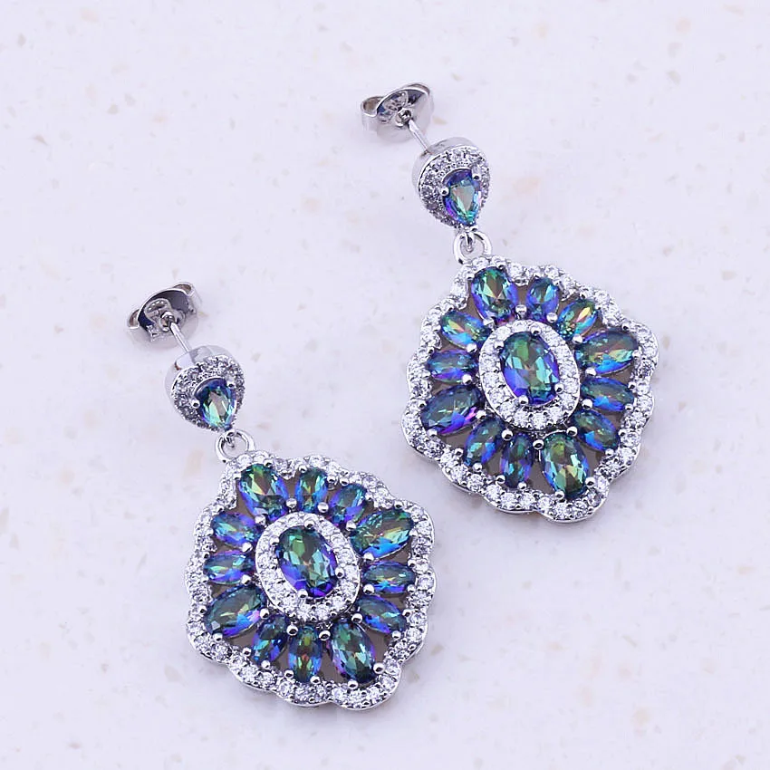 Glittering Blue Rainbow Mystic Crystal & Cubic Zircon Silver Color Drop