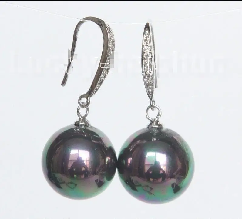 

Hot selling free shipping********14mm round peacock black south sea shell pearls Earrings 925 silver hook j10526