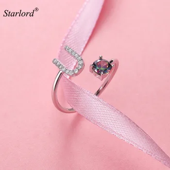 

Initial U Letter Ring 925 Sterling Silver Cubic Zirconia Crystal Ring Adjustable Silver Ring Open Ring For Women R6067B