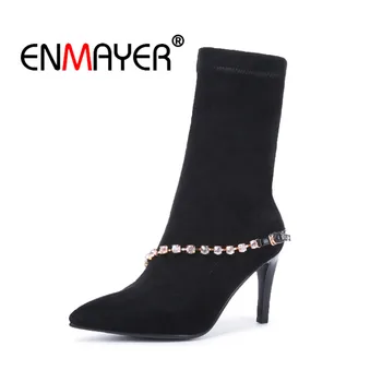 

ENMAYER Metal decoration Ankle Boots Size 34-39 Causal High Heels Thin Heels Fashion Boots Pointed Toe Shoes woman Gray CR981