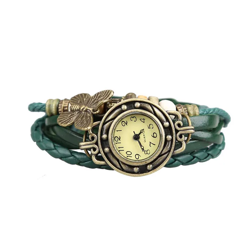 Unique Butterfly jewelry Watch Clock Women Vintage Retro Rivet Braided Bracelet Leather Strap Lady Bracelet Dress Watch LL artificial leather chain butterfly bracelet watch