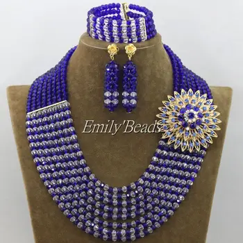 

2015 Charming Clear White Nigerian Beads Necklaces Jewelry Sets Royal Blue African Costume Jewelry Sets Free Shipping AMJ634