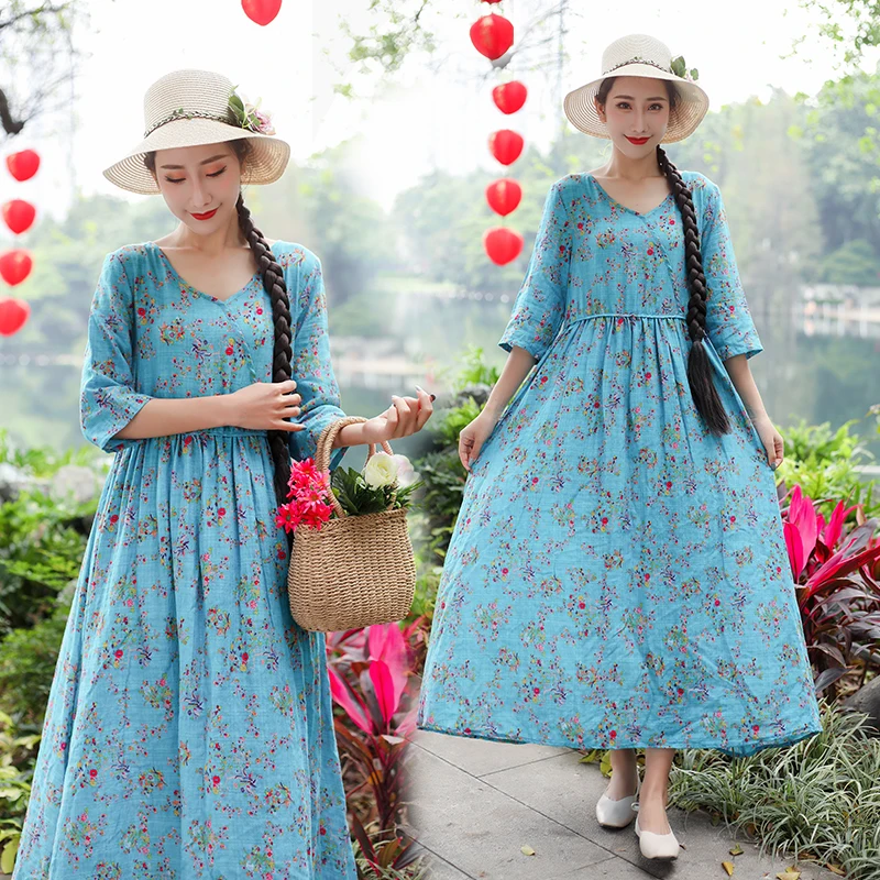 

Women Summer Ethnic Vintage Cotton Linen Floral Print Robe Maxi Dress Mori Girl Boho Beach V-neck Loose A-line Dress Vestidos
