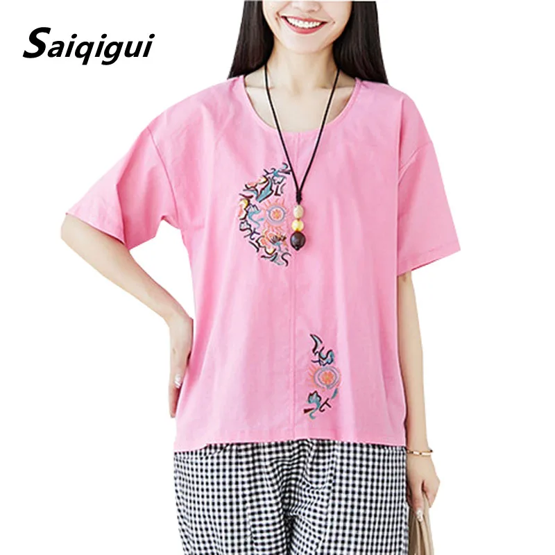 

Saiqigui 2019 Spring Summer t shirt Casual loose big size Vintage Cotton linen t shirt women top camiseta mujer tee shirt femme