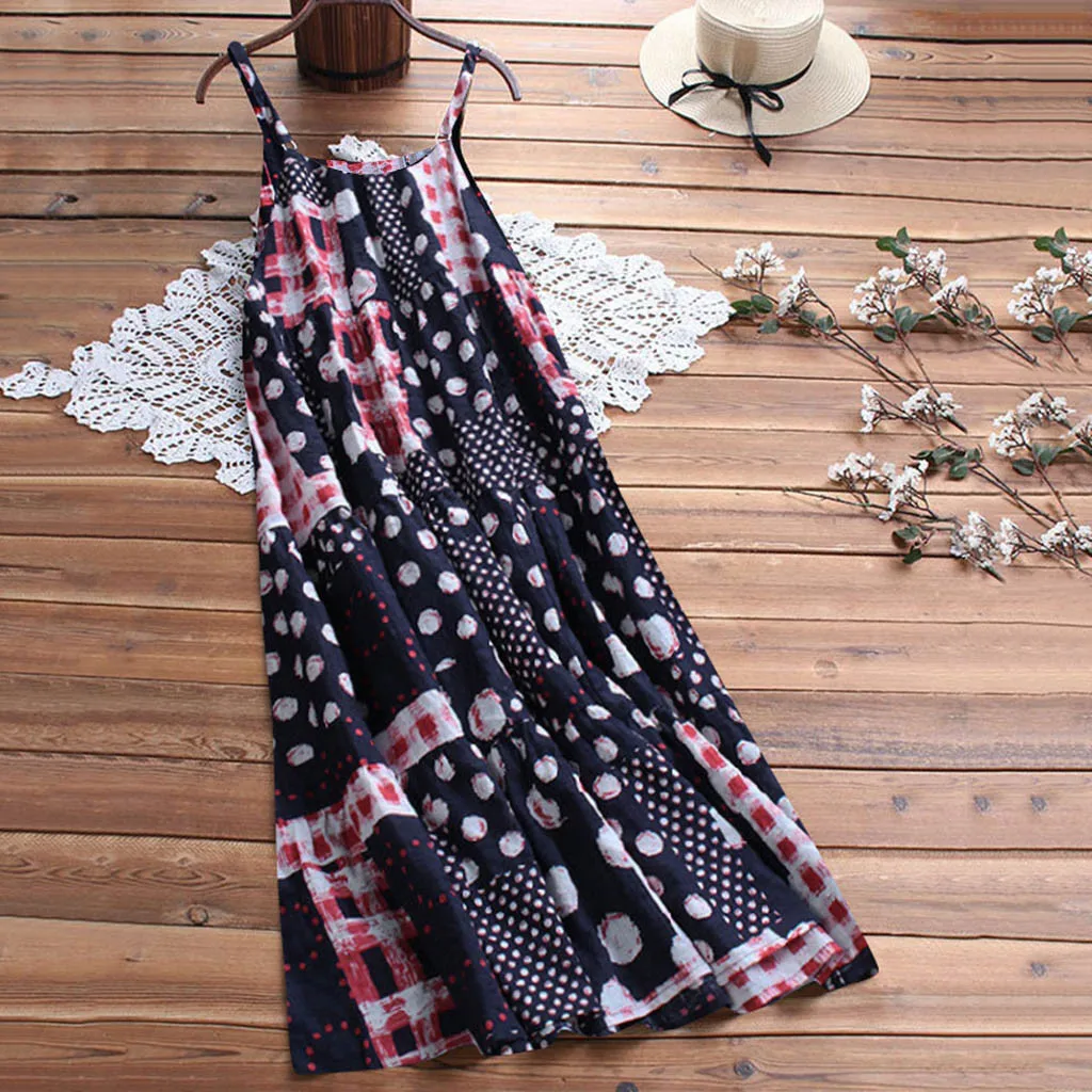 

Feitong Dress Women Plus Size Dot Print O Neck Sleeveless Summer Maxi Dress Robe Vintage Strand Jurkjes Casual Loose Woman Dress