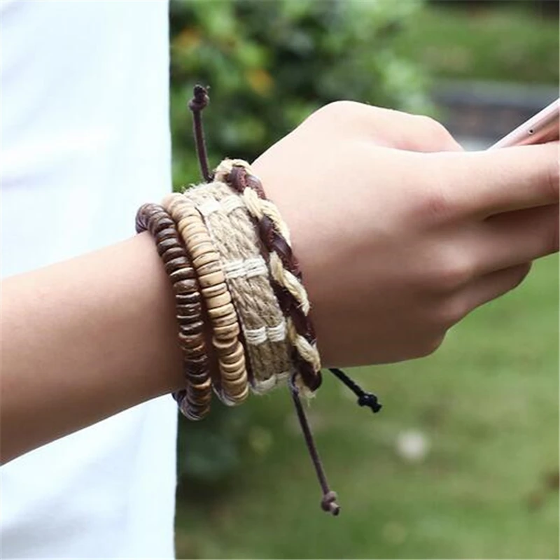 Винтажный панк волнистый Многослойный кожаный браслет для мужчин, модный Плетеный ручной работы веревочный браслет из деревянных бусин и браслетов, мужской подарок