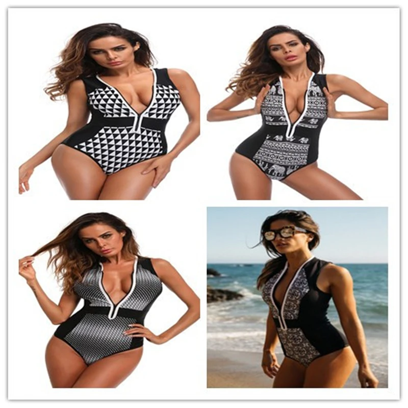 

Black Color Vintage Woman Swimwear One piece Beach Suit Sexy Woman Retro Print Zipper 2018 Push up Swimsuit Plus size Swimwear B